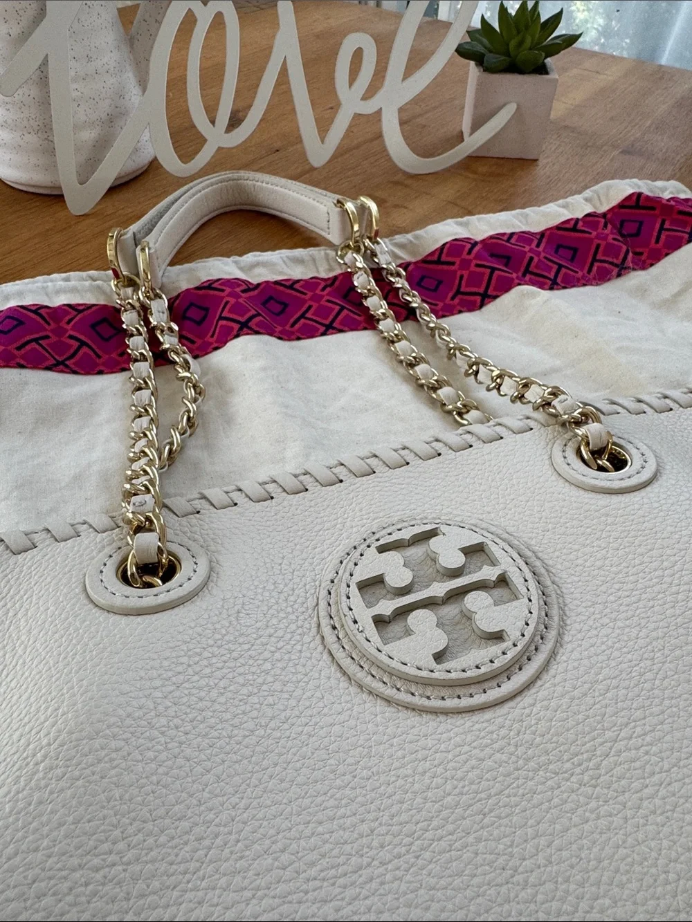 Tory Burch White Leather Chain-Handle Tote with